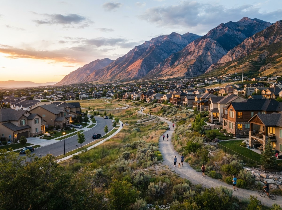 Representative photo of a residential community in Draper, Utah near the Point of the Mountain at sunset