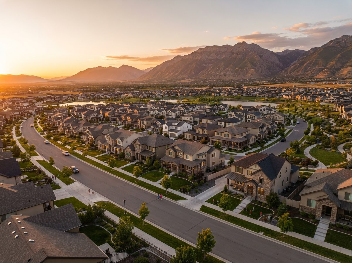 Representative photo of a master-planned residential community in Herriman, Utah at sunset with mountain views on the west side of the Salt Lake Valley