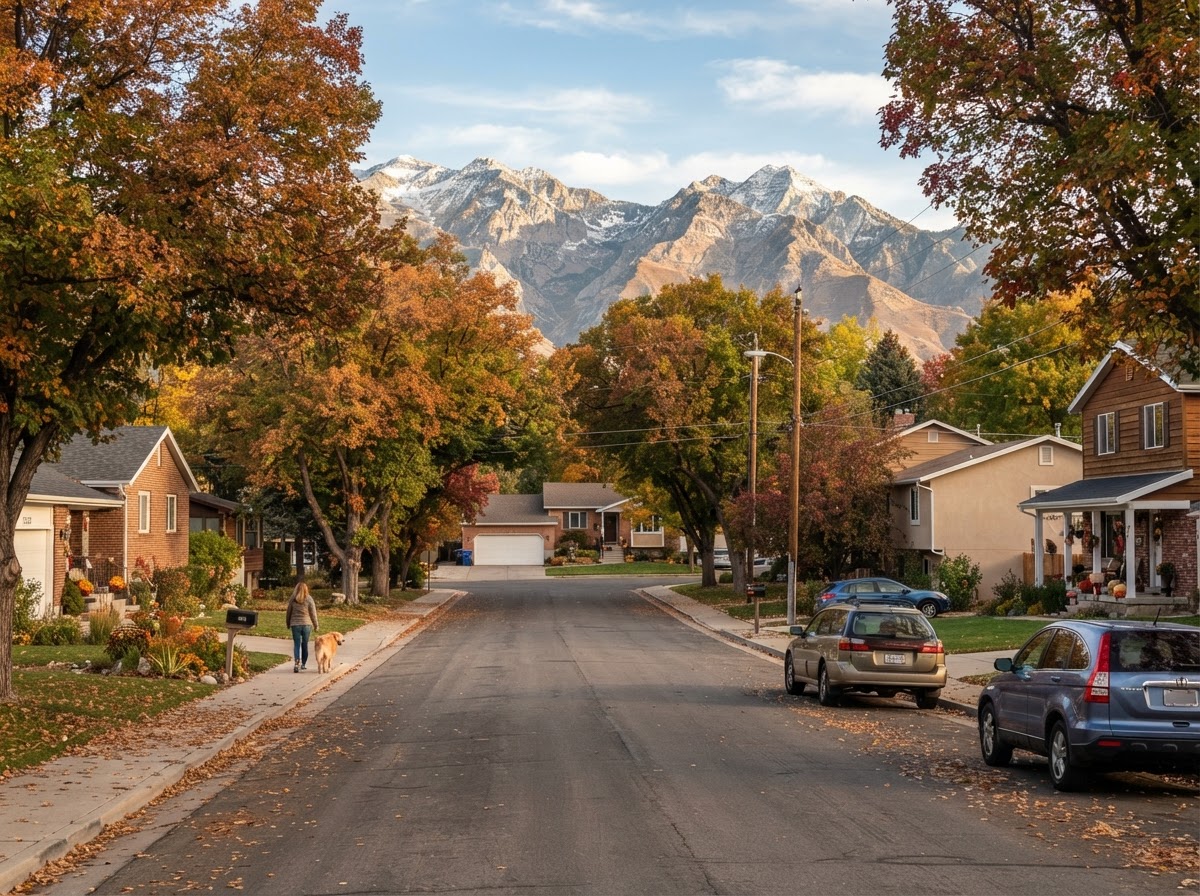 Representative photo of an established residential street in Sandy, Utah with the Wasatch mountains in the distance