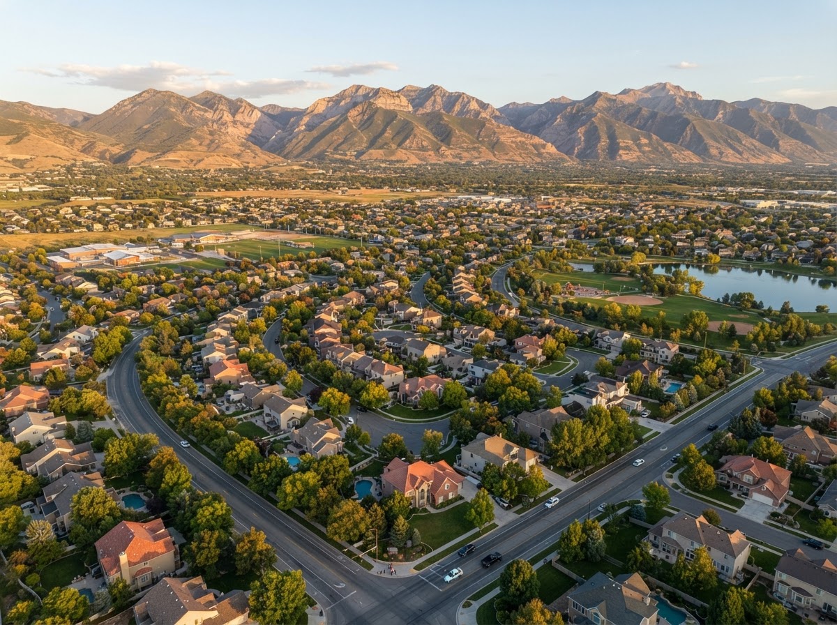 Representative aerial photo of a residential neighborhood in South Jordan, Utah at golden hour with the Wasatch mountains in the background