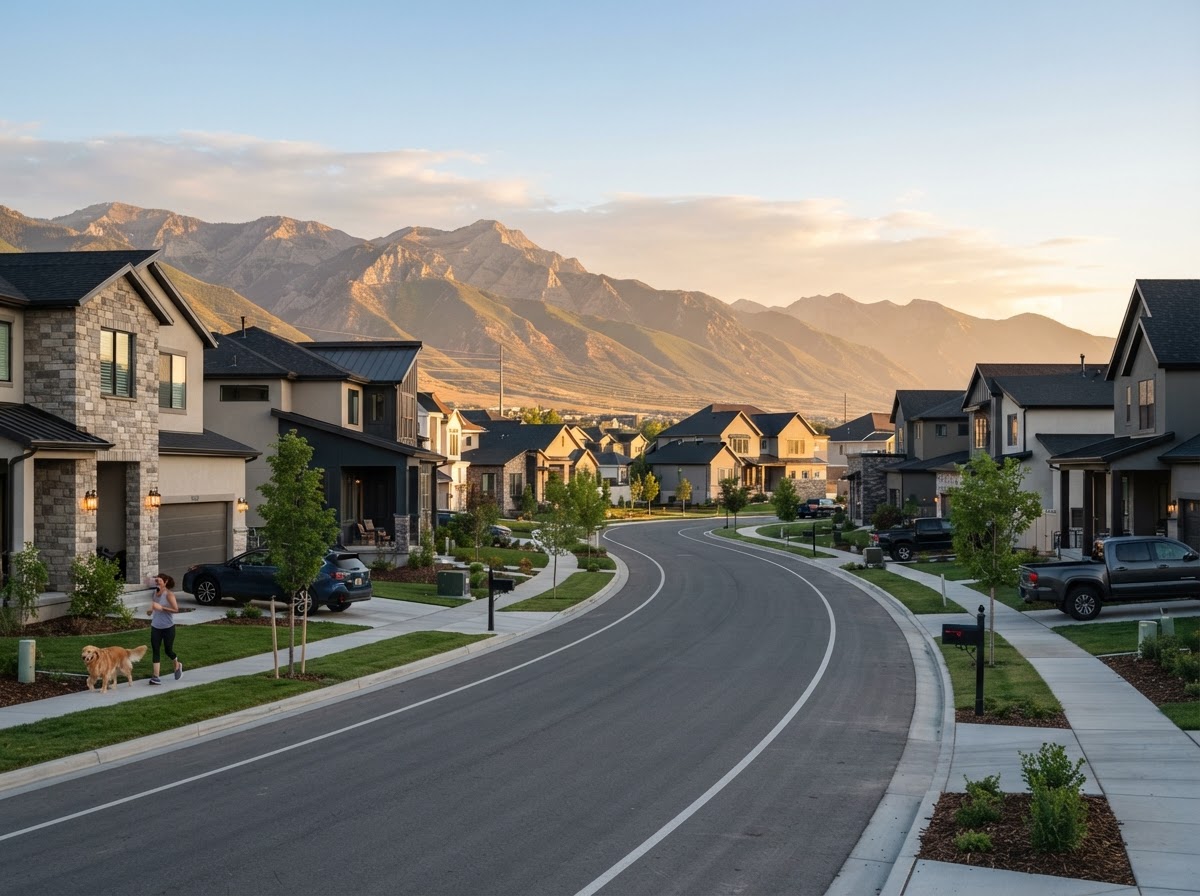 Representative photo of a modern suburban neighborhood of new construction homes in Lehi, Utah at sunrise with Wasatch mountain views