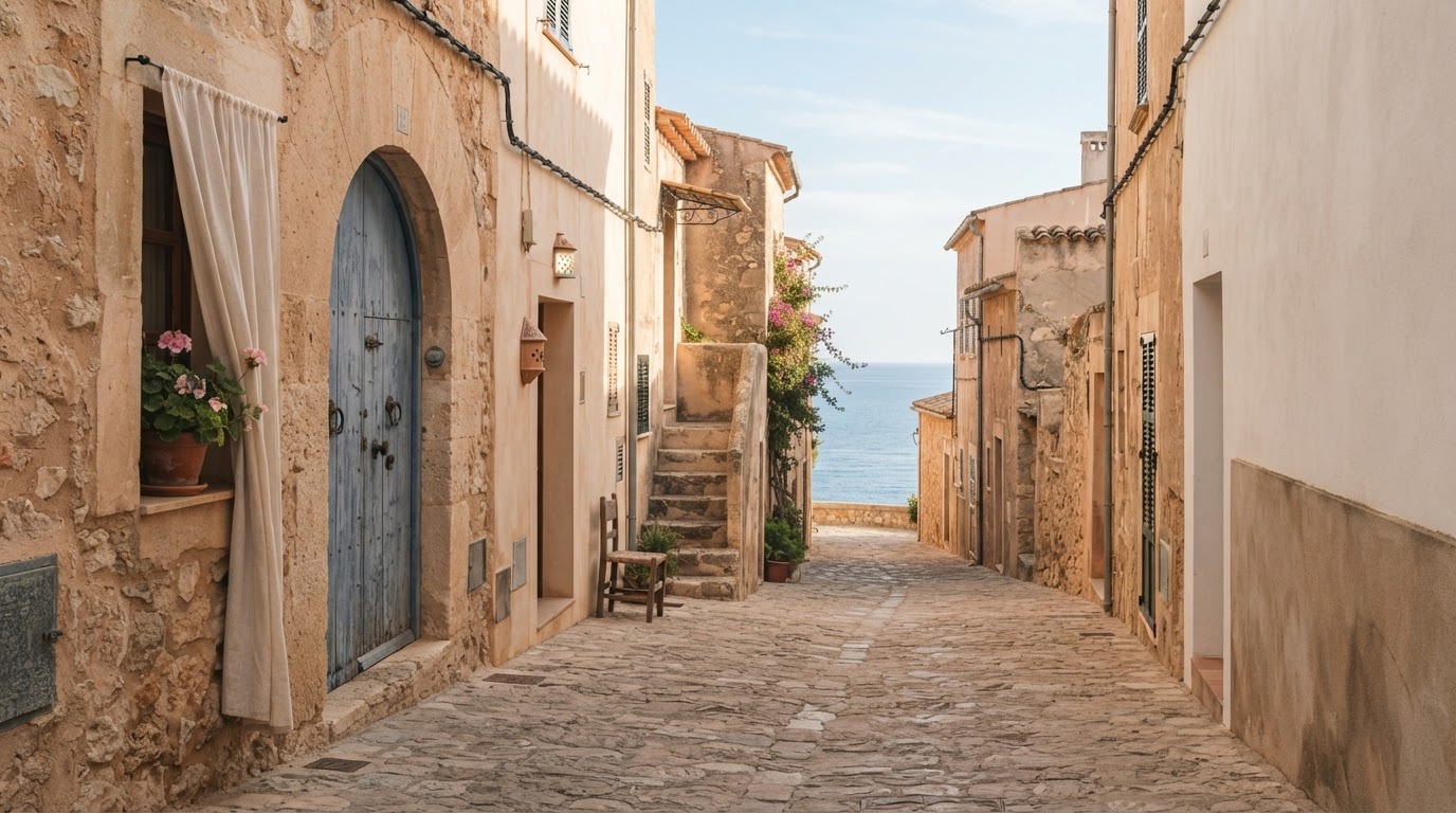 A calm, uncrowded coastal town street with a glimpse of sea at the end of the lane