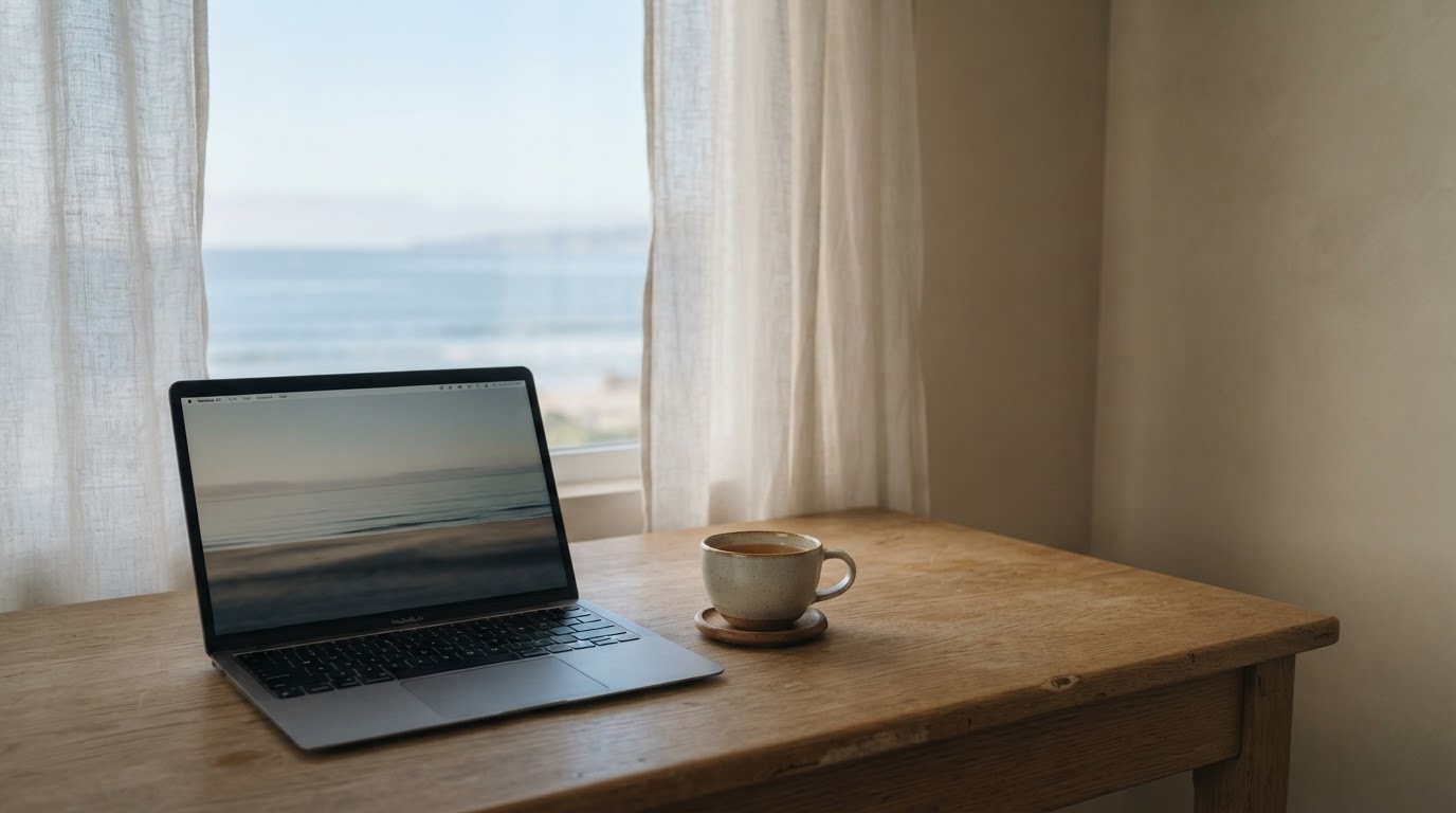 A laptop and a cup of tea on a wooden desk by a window with soft linen curtains