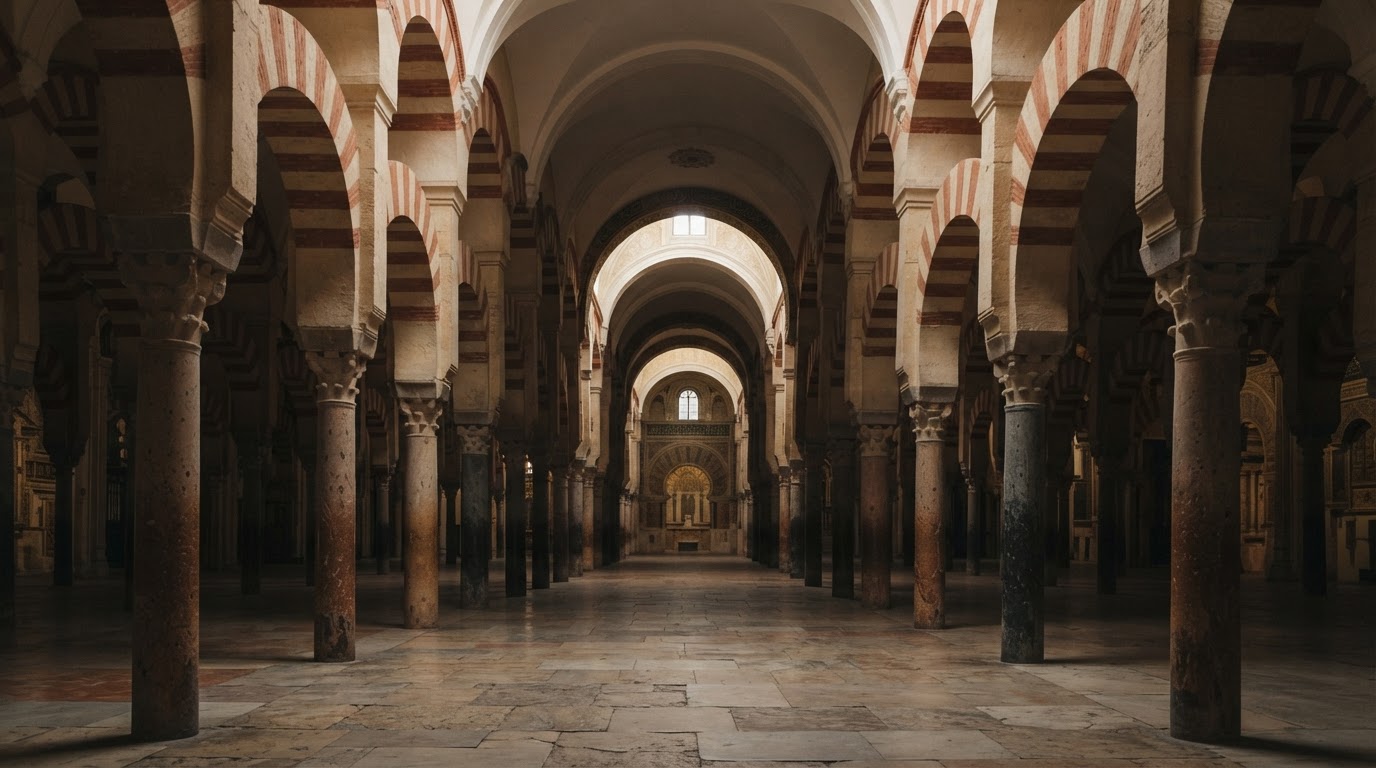 The red-and-white horseshoe arches of the Mezquita in Córdoba, Spain, receding into soft shadow