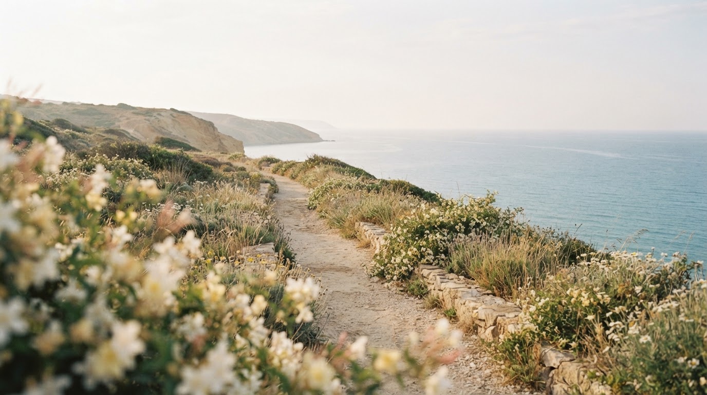 A quiet sunlit coastal path lined with summer wildflowers and jasmine in soft bloom under hazy warm morning light