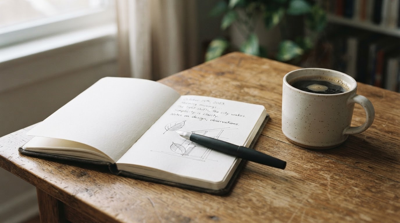An open notebook with a fountain pen on a warm wooden table, a cup of coffee beside it