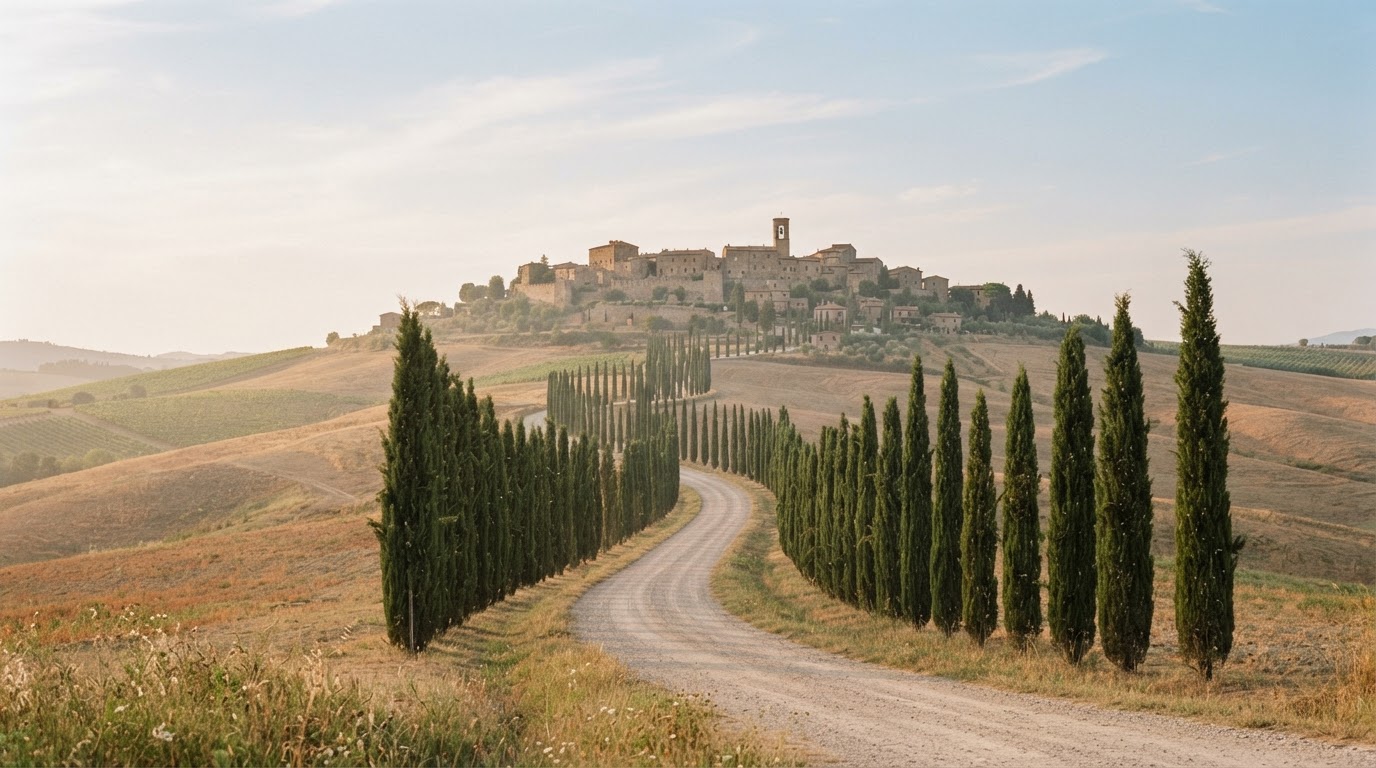 A quiet country road in Tuscany lined with tall slender cypress trees winding toward a distant hilltop stone village with a bell tower in soft warm late-afternoon light