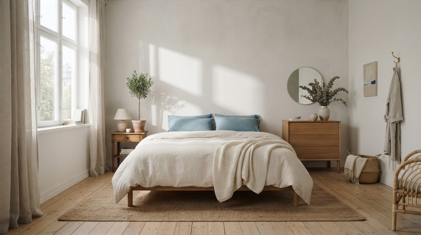 A calm, sunlit apartment interior with a neatly made bed and simple furnishings