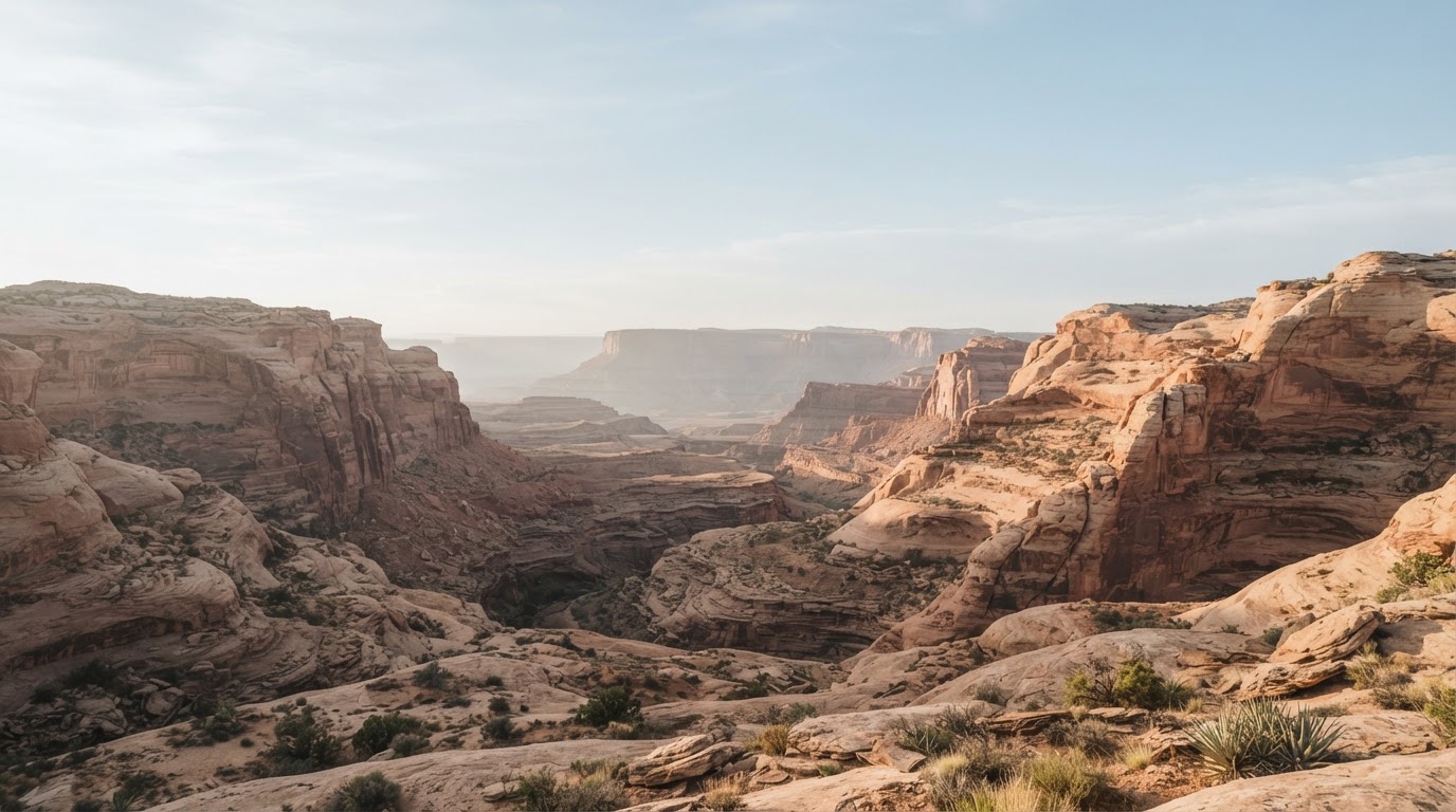 A quiet, sunlit desert canyon vista in the American Southwest with soft layered rock in muted terracotta tones under a pale hazy sky