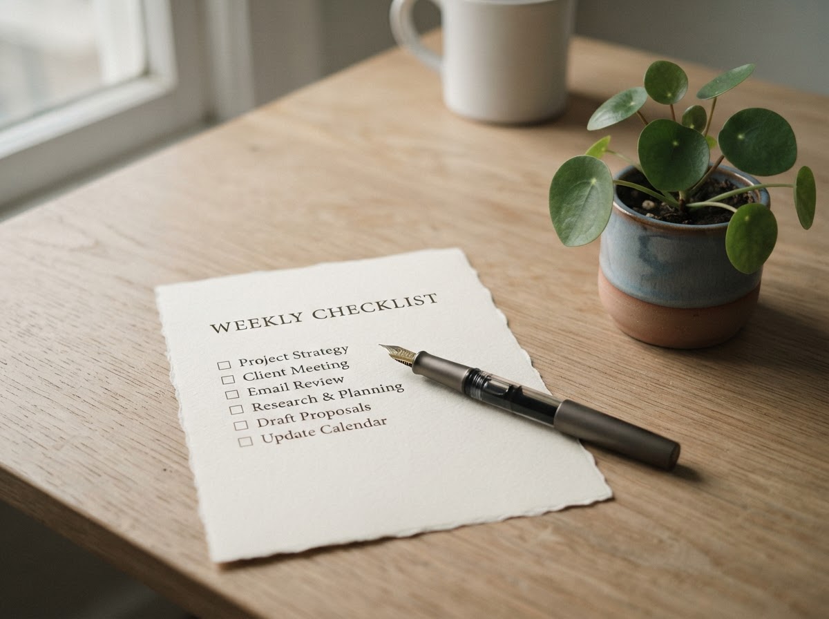 A printed vetting checklist with a pen on a warm desk