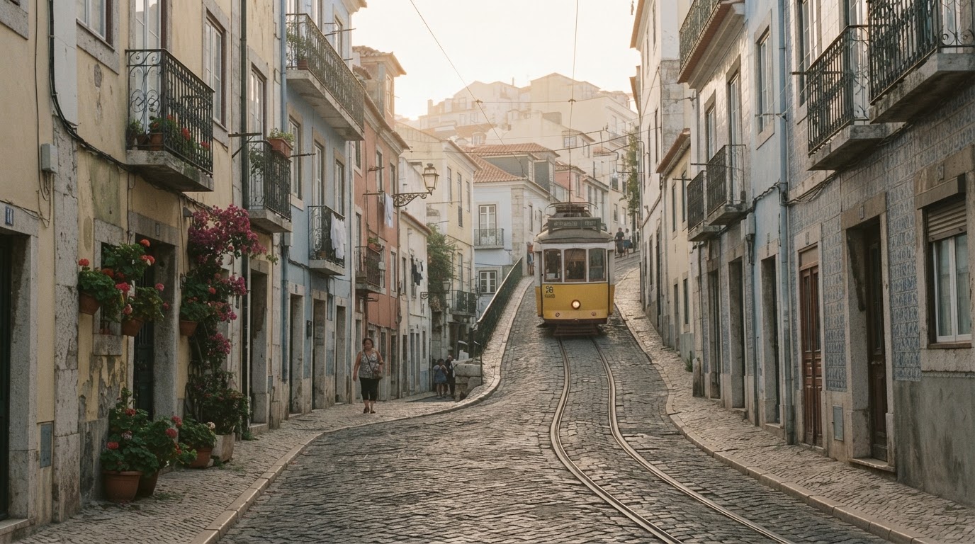 A steep cobblestone lane in Lisbon's Alfama district, pastel facades and a vintage yellow tram in soft hazy Atlantic light