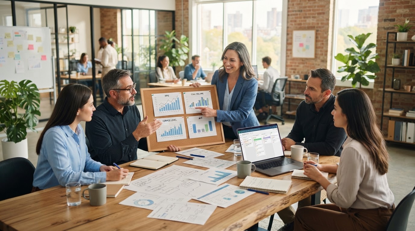 Small service-business team reviewing call logs and recovery workflow