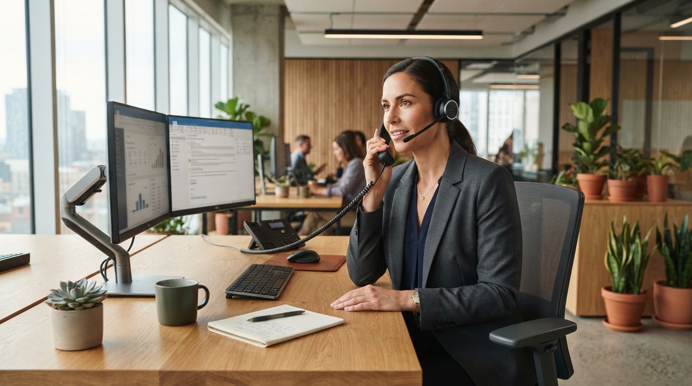 Service-business office coordinator reviewing inbound calls at a front desk