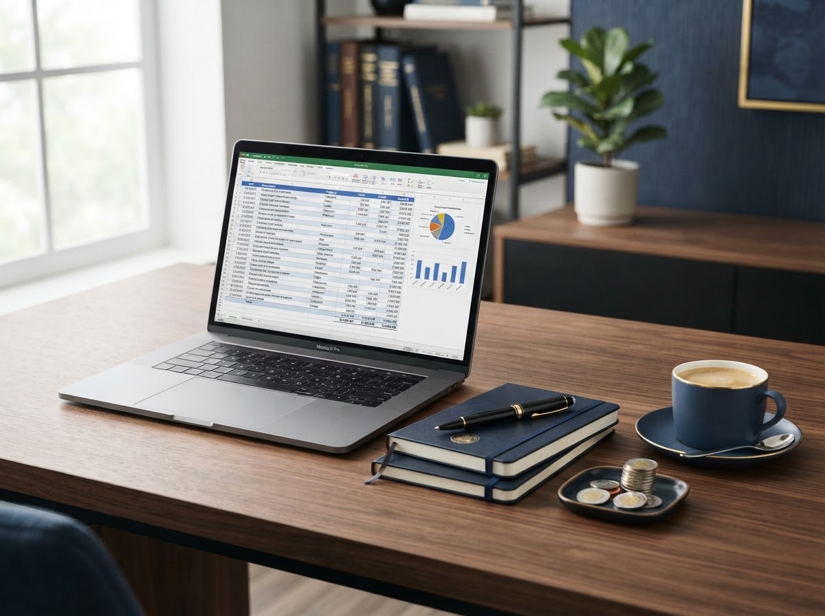 Organized desk with laptop showing financial records and accounting tools
