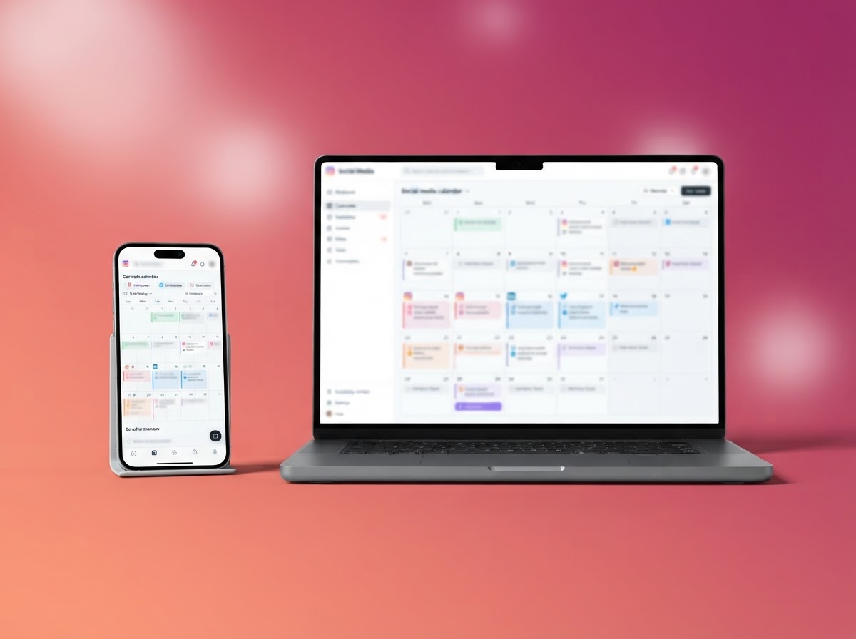 Mockup telefon dan komputer riba memaparkan kalendar penjadualan kandungan Hudhudly untuk 9 channel media sosial