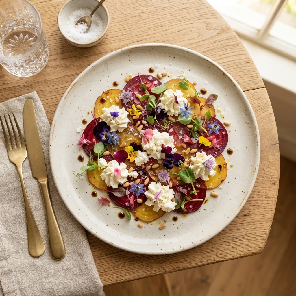 Delicate beet carpaccio with goat cheese and edible flowers