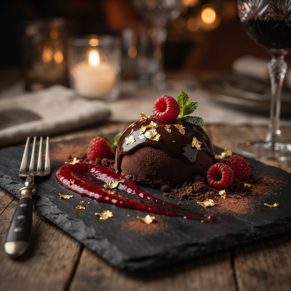 Chocolate dessert with gold leaf and raspberry coulis