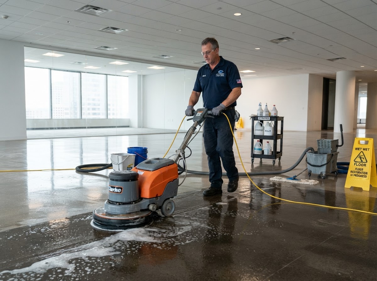 Floor technician operating a commercial floor stripping and resealing machine