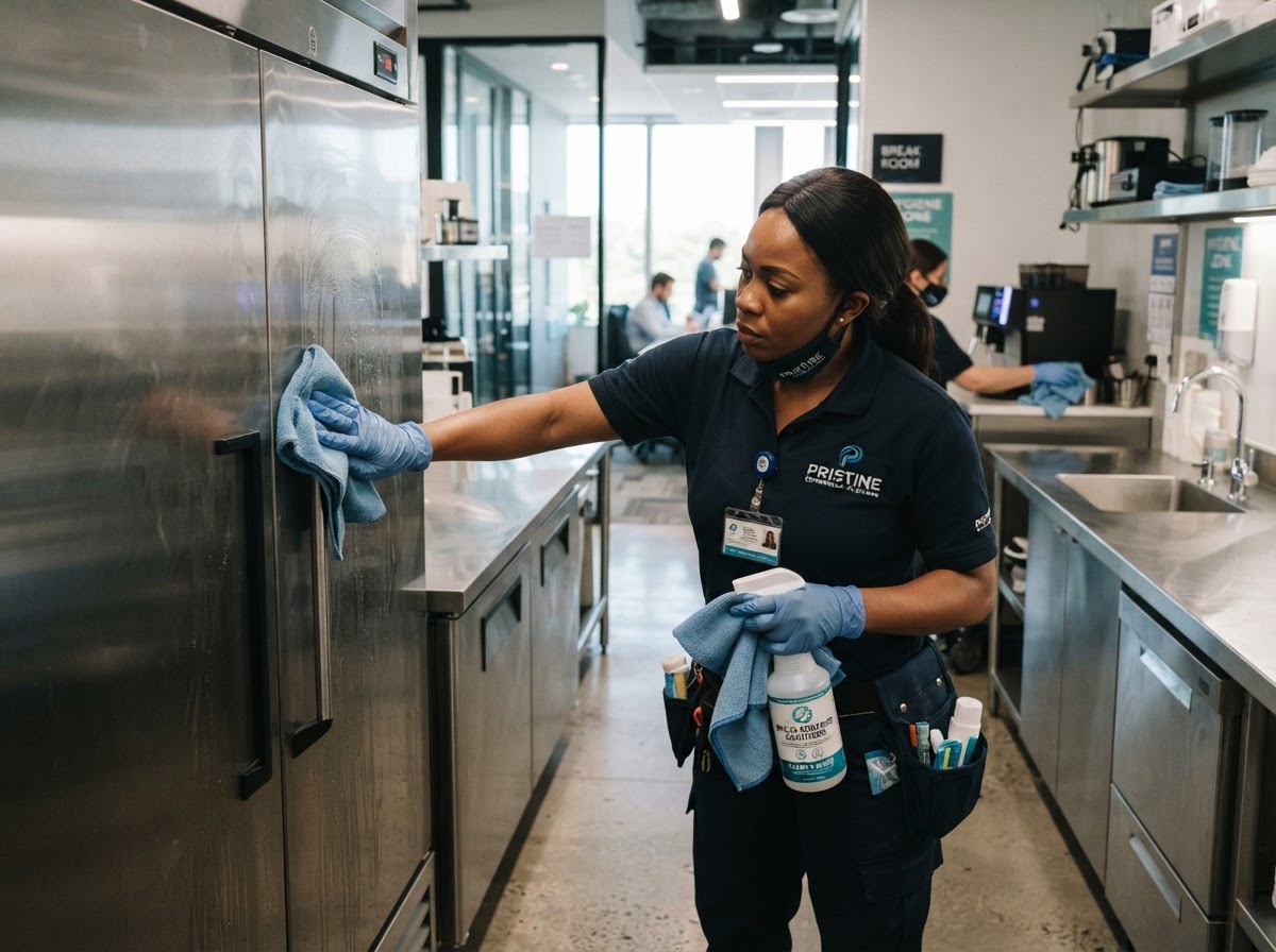 Commercial cleaner performing detailed deep cleaning of high-touch surfaces