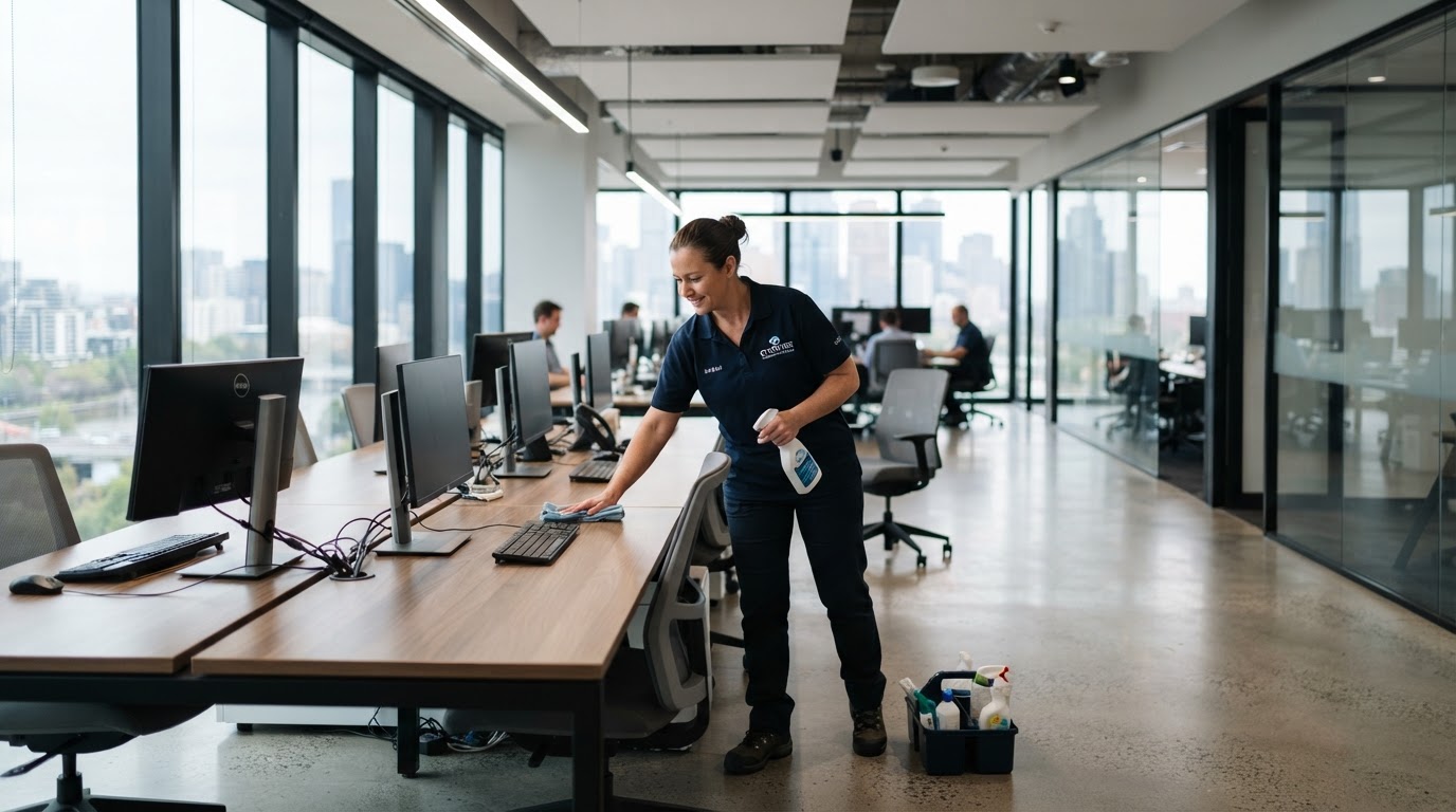 Professional commercial cleaner working in a modern Melbourne office
