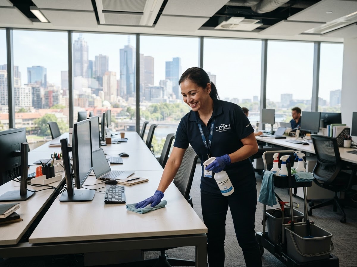 Professional cleaner sanitizing office desks in a modern Melbourne workplace