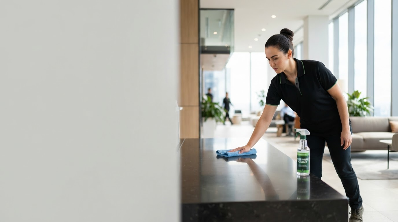 Professional commercial cleaner servicing modern Melbourne office