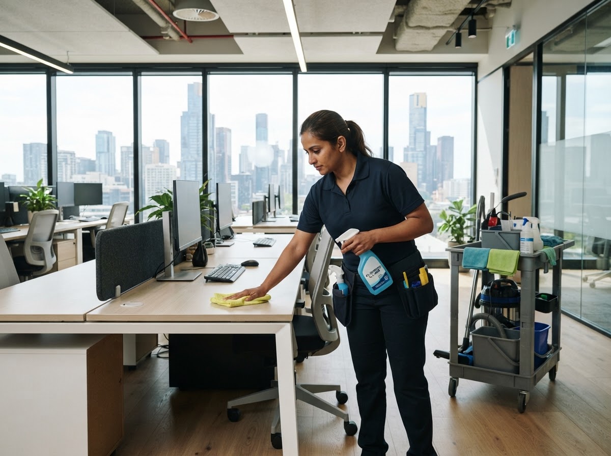 Professional commercial cleaner working in a modern Melbourne office environment