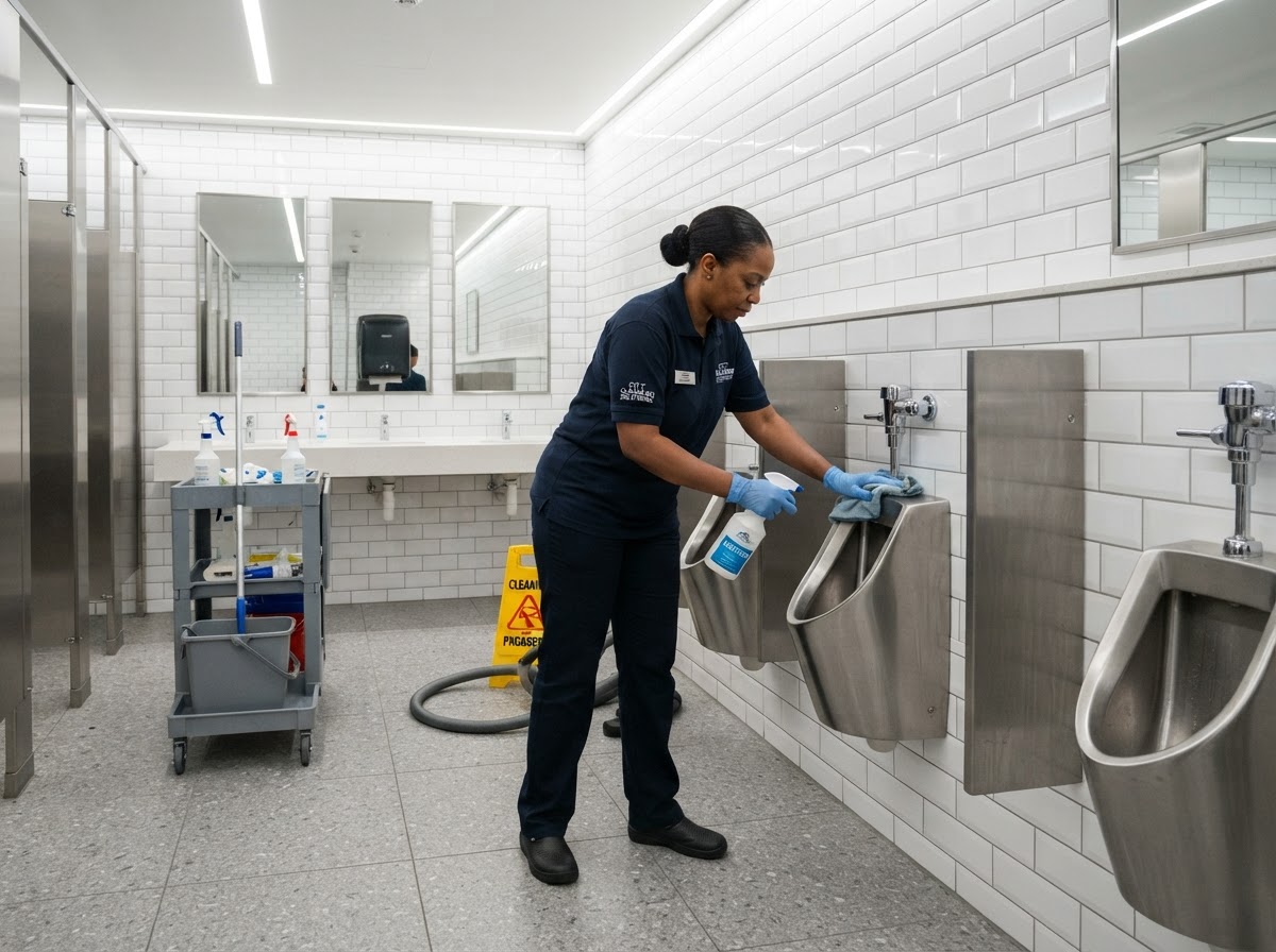 Professional cleaner deep cleaning and sanitizing a commercial washroom