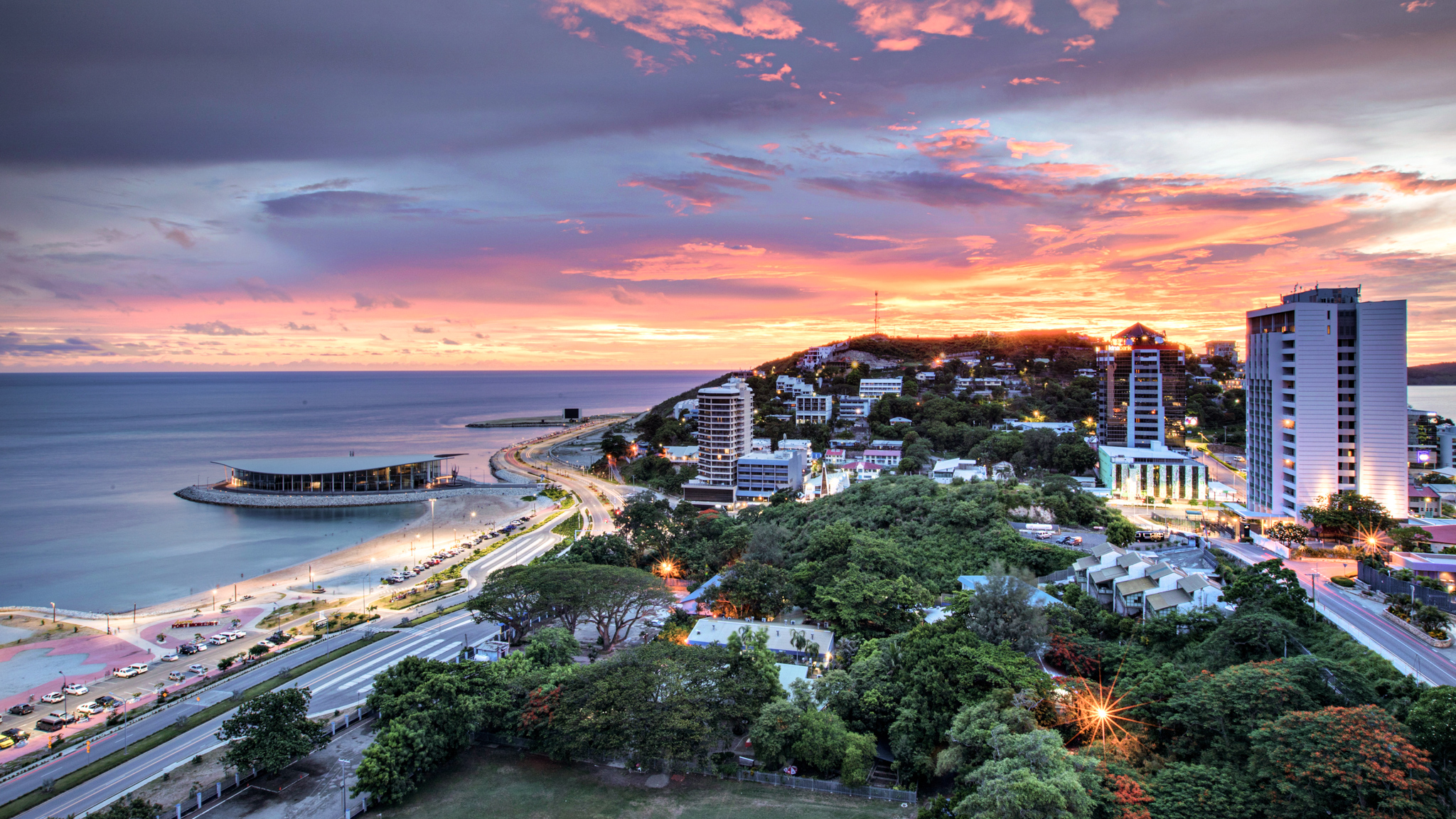 Port Moresby cityscape and waterfront at sunset