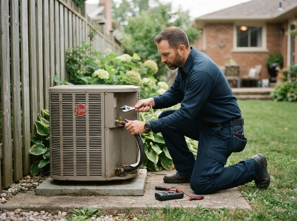 HVAC technician servicing an outdoor air conditioner condenser unit
