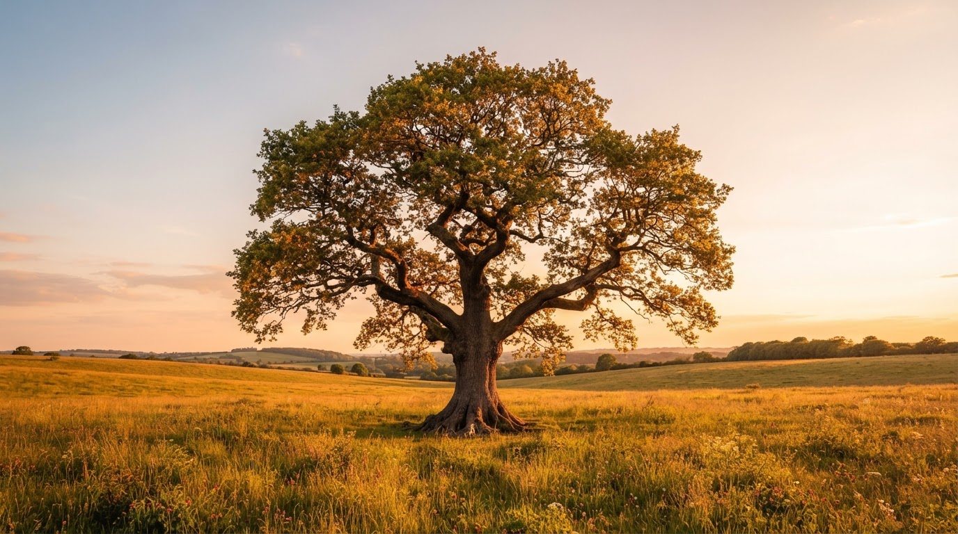 An ancient oak tree centered in a golden meadow with four distinct branches and roots touching the ground