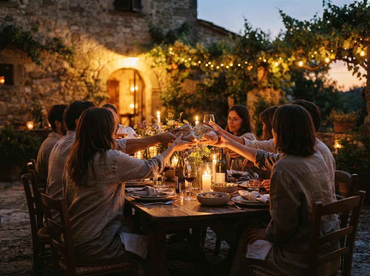 A small group gathered around a long table at dusk in warm candlelight