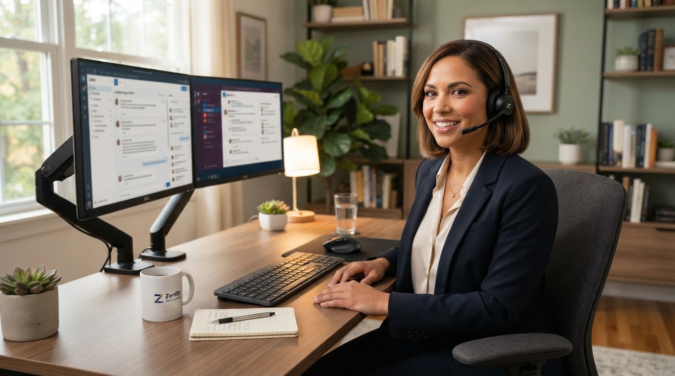 Remote call center specialist working from home office