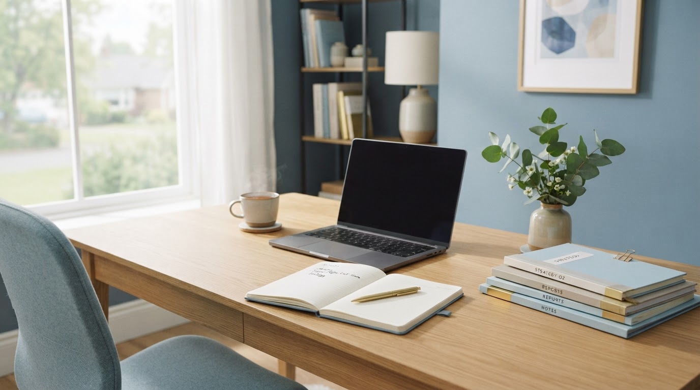 A calm, organized home-office workspace ready for the day