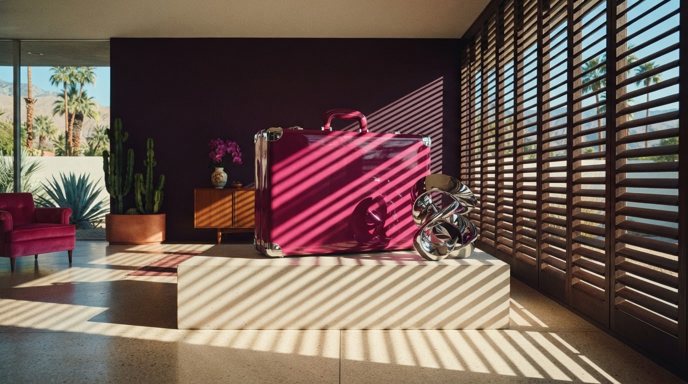 A sculptural glossy magenta briefcase and chrome object on an ivory plinth in a Palm Springs modernist interior with dramatic sunlight — Pipeline Rocks.