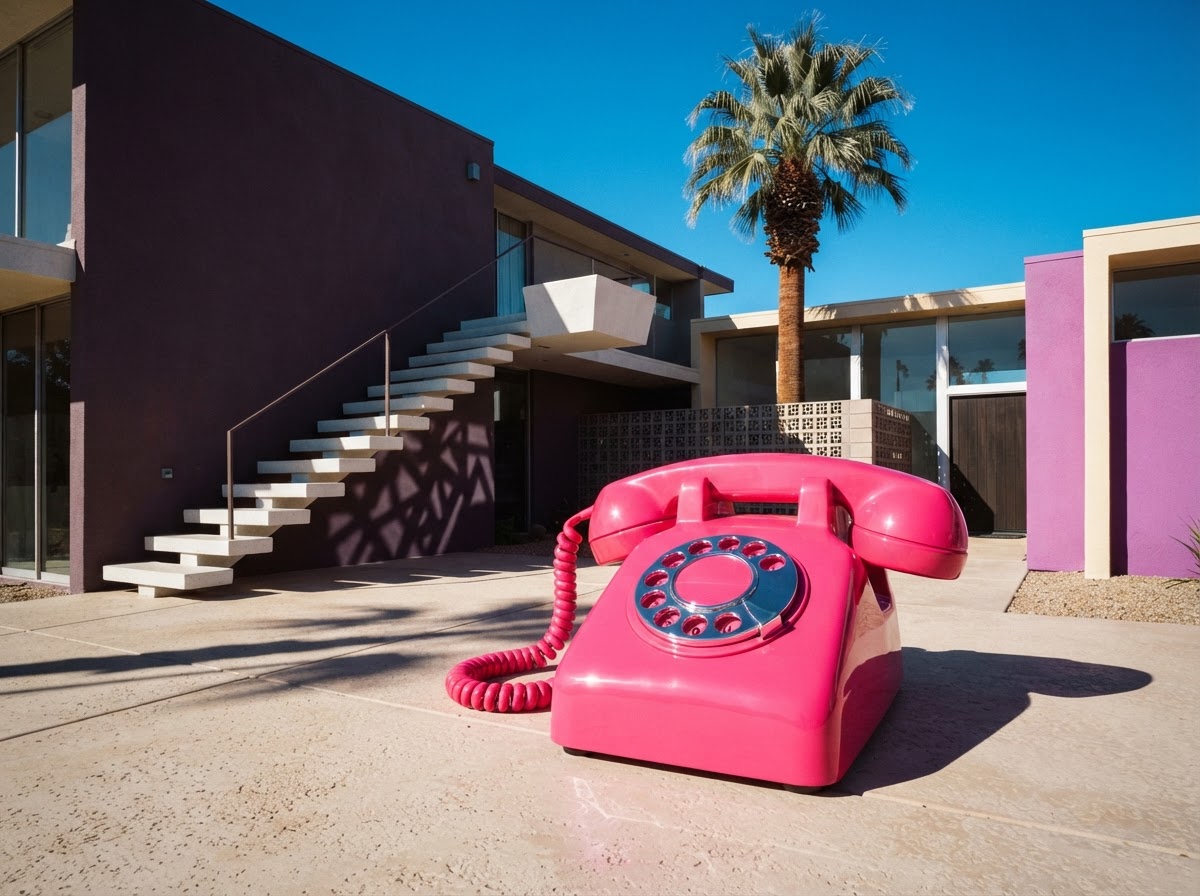 An oversized glossy hot pink rotary telephone photographed in Palm Springs modernist sunlight — Pipeline Rocks signature Pink Intervention.