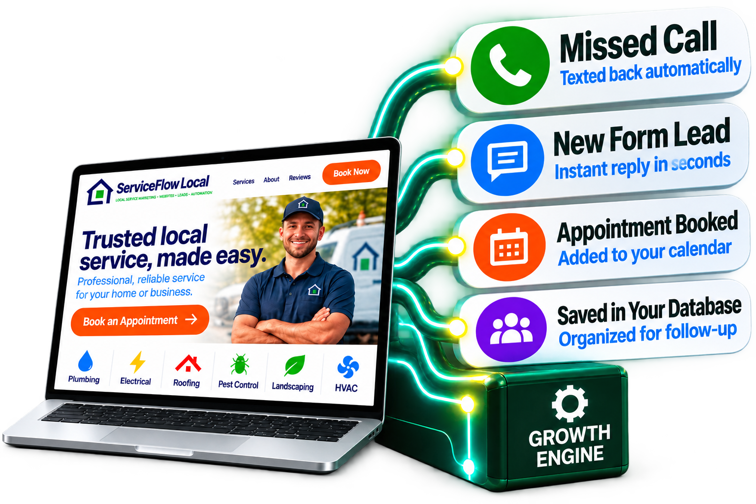 Local modern high-converting website connected to Growth Engine with automated missed call text back, instant form reply, appointment booking, and database sync