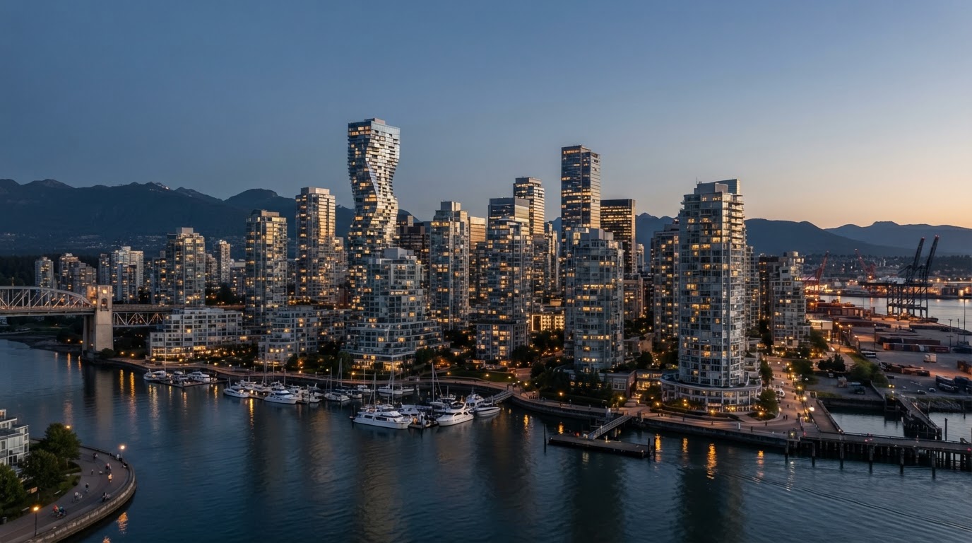 Vancouver condominium and commercial building skyline at dusk.