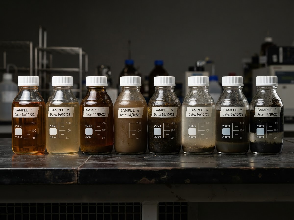 Glass jars showing diesel fuel samples at progressively higher levels of contamination, from clean amber to dark sludge.