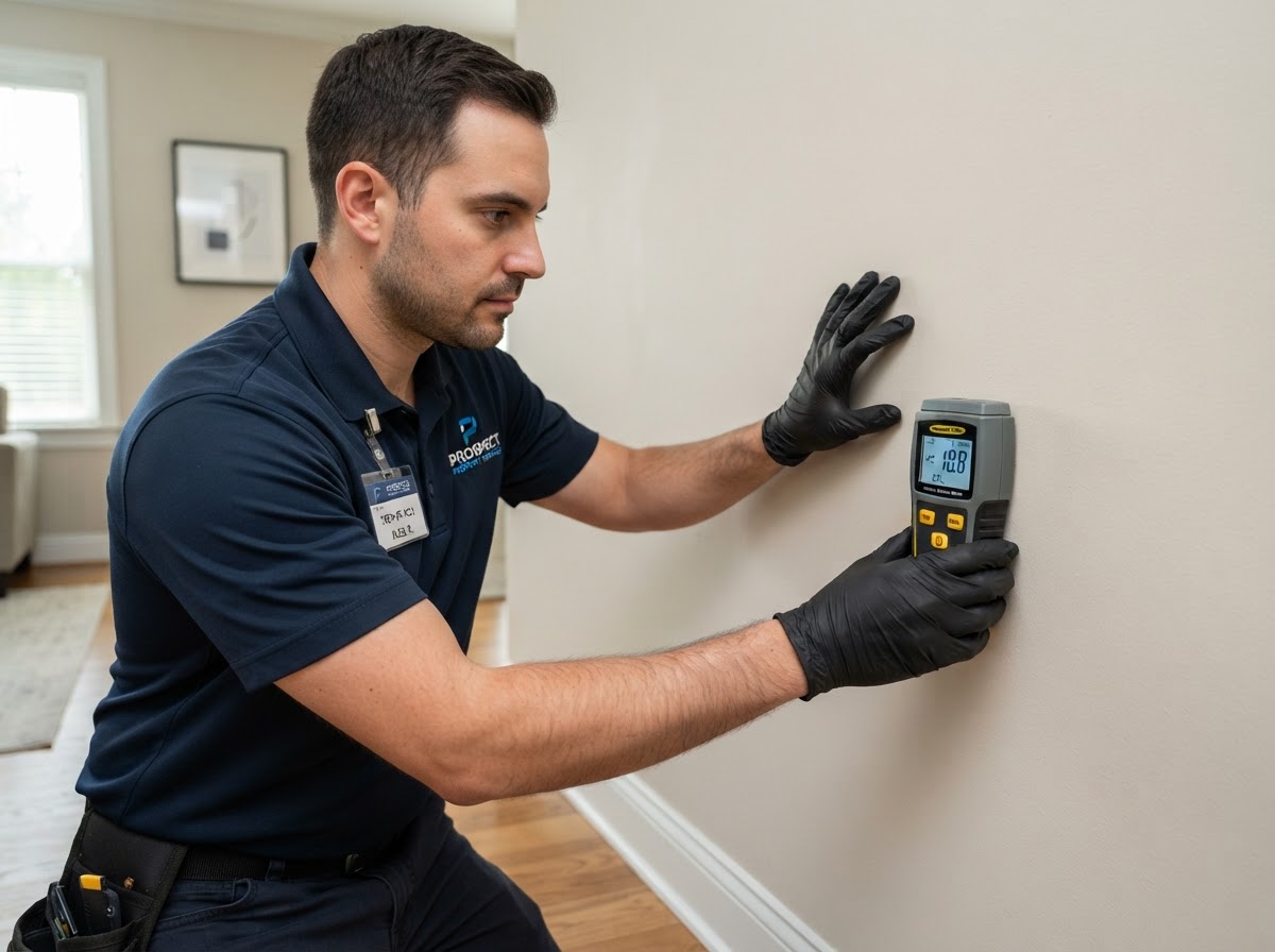 Technician checking an interior wall with a moisture meter.
