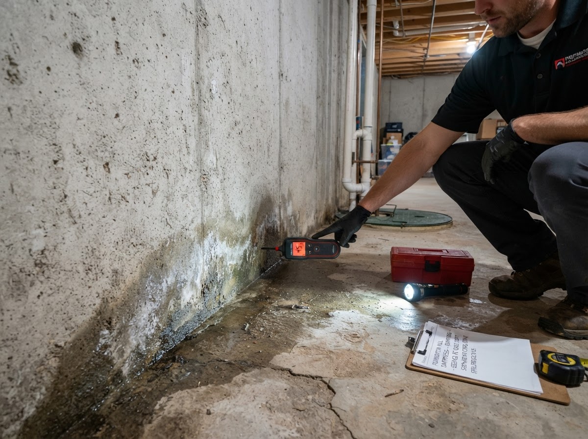 Moisture damage along a basement wall.