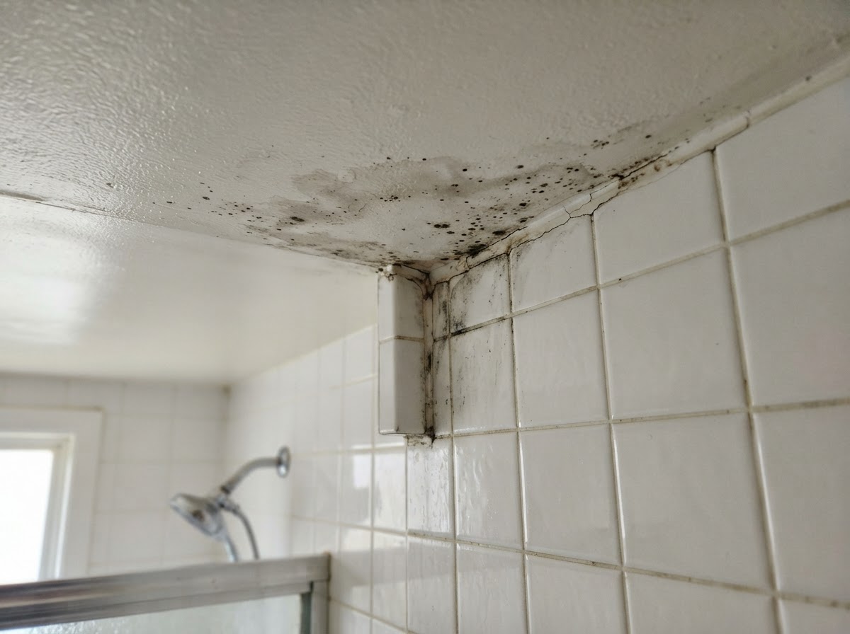 Moisture staining in a bathroom ceiling corner.