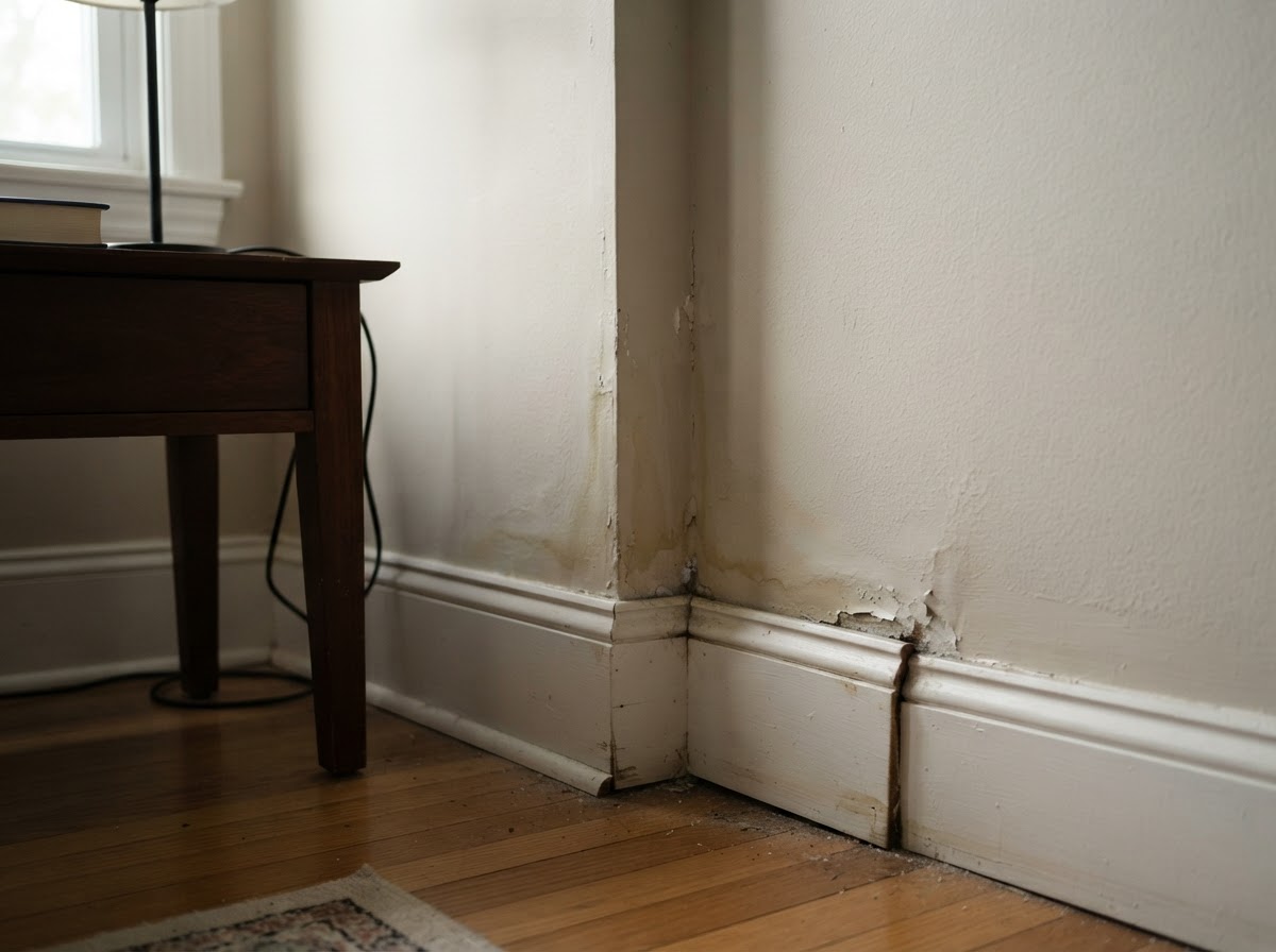 Wall staining behind furniture in a living area.