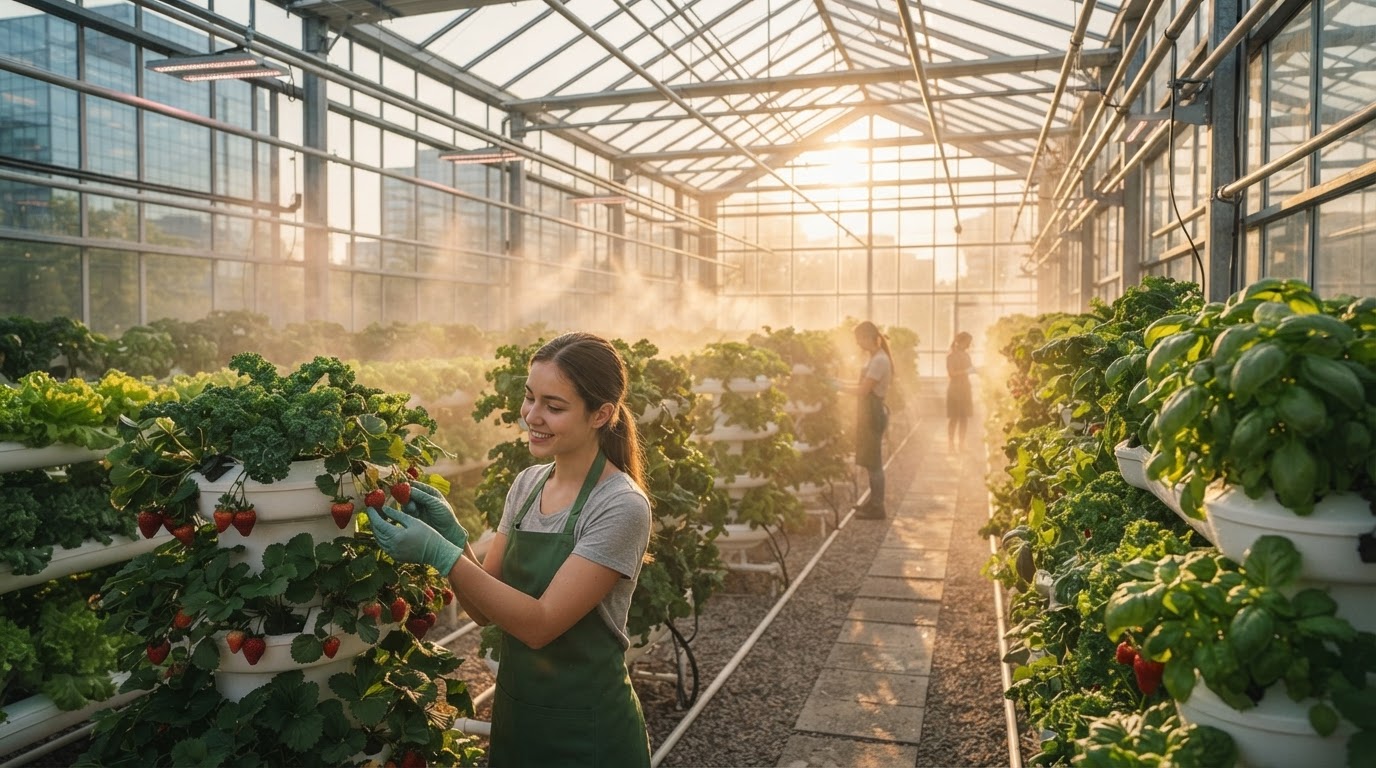 Lush agritech greenhouse with rows of leafy greens and strawberries growing in warm morning light