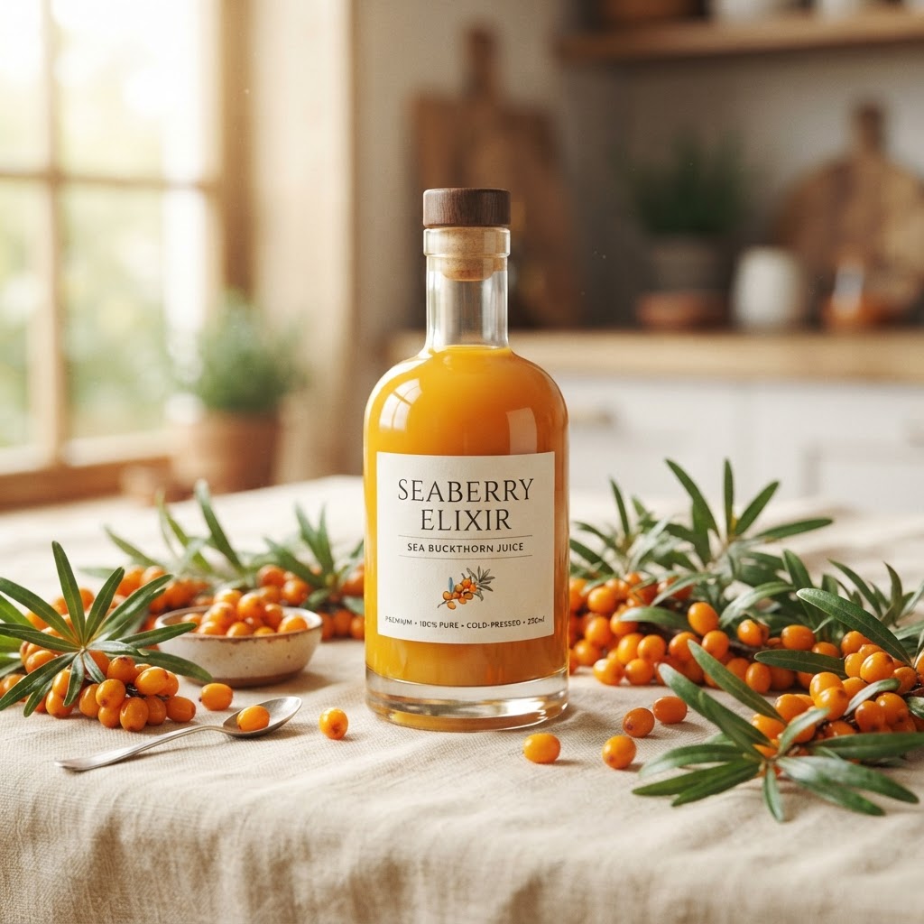Premium golden-orange SeaBerry juice with fresh sea buckthorn berries