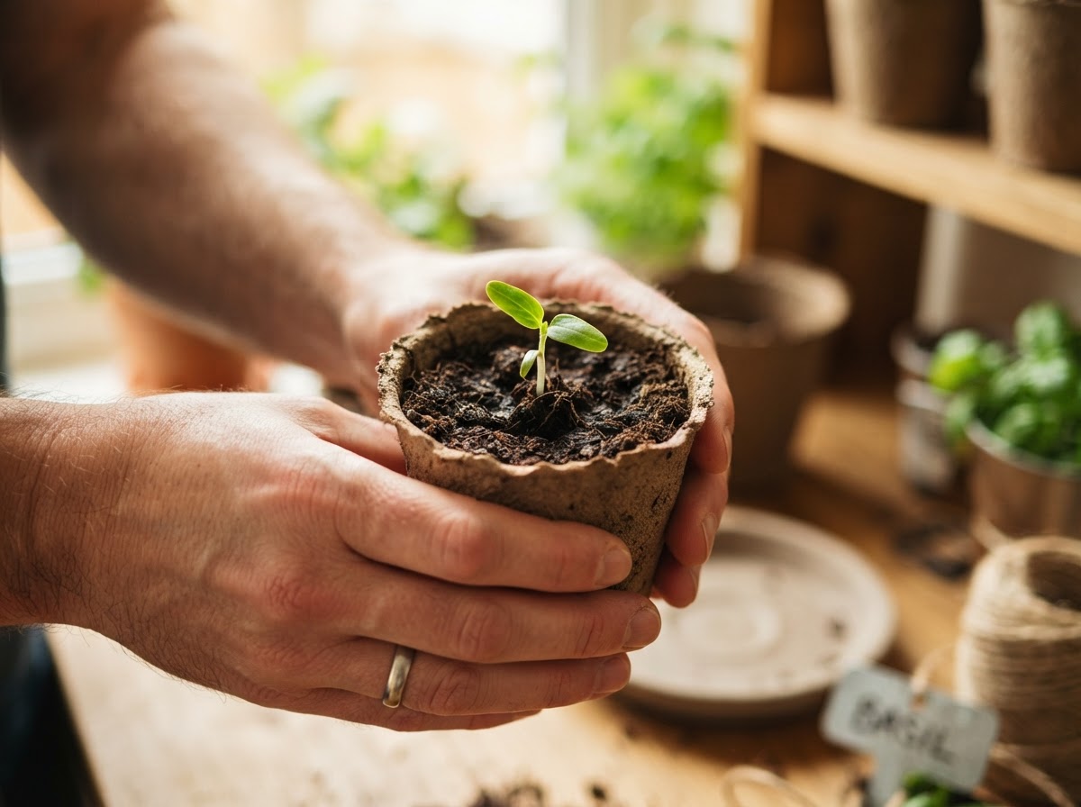 Hands holding a biodegradable planter with a young seedling
