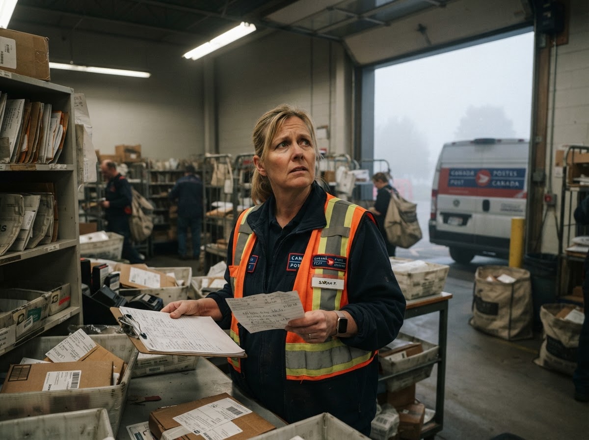 A Canadian letter carrier in a high-visibility safety vest standing at a postal-depot sorting counter, holding a vague delivery slip and a route clipboard, looking up with a puzzled, uncertain, searching-for-direction expression; low morning mist visible through the open loading-bay doors behind them.