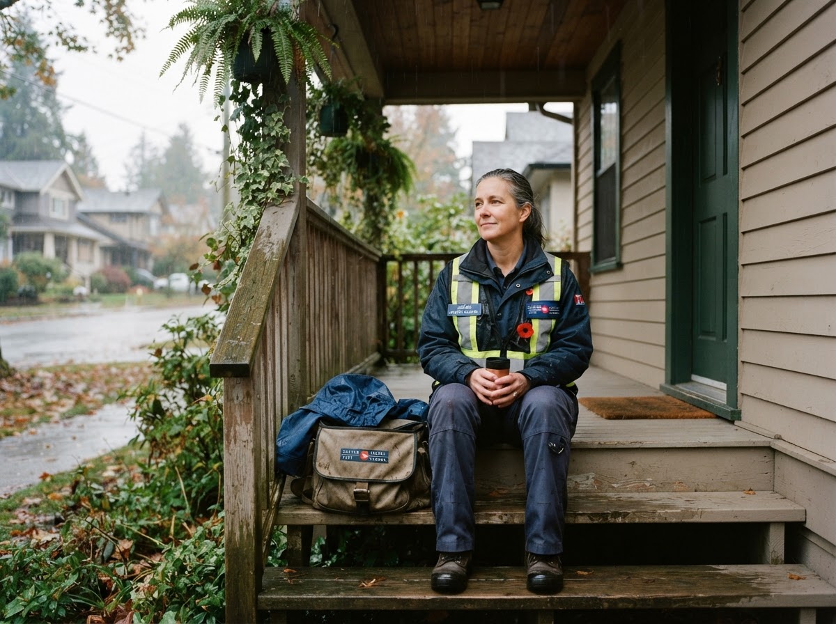 A Canadian letter carrier in a high-visibility safety vest resting on the steps of a covered residential porch during a gentle cool rain, mail satchel set aside beside them, looking out at the soft falling rain with a calm, peaceful, reflective expression of quiet acceptance and a slower pace.