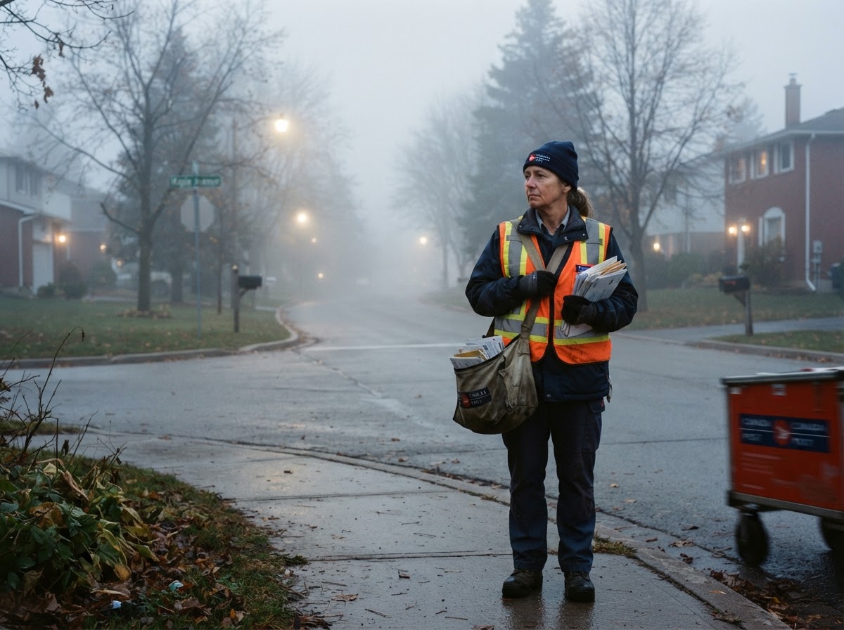 A Canadian letter carrier in a high-visibility safety vest with a mail satchel slung over the shoulder, standing alone at a foggy suburban street corner at first light, gazing down a residential road that disappears into thick morning fog with a thoughtful, uncertain, introspective expression, wondering what comes next; soft diffused dawn light.