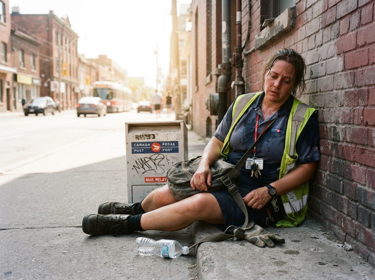 A Canadian letter carrier in a high-visibility safety vest slumped against a shaded wall beside a mail relay box on a sweltering summer afternoon, visibly drained and exhausted, sweating, an empty water bottle on the ground nearby; oppressive heat haze and harsh bright sunlight in the background, an expression of deep workplace burnout and fatigue.